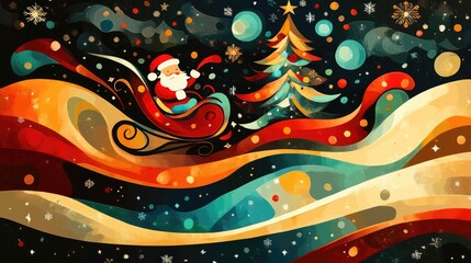 Colorful Christmas Artwork Featuring Santa on Sleigh with Festive Tree and Snowflakes