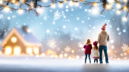 Whimsical Christmas card with space for a family photo, featuring twinkling lights, snowflakes, and a festive winter scene.
