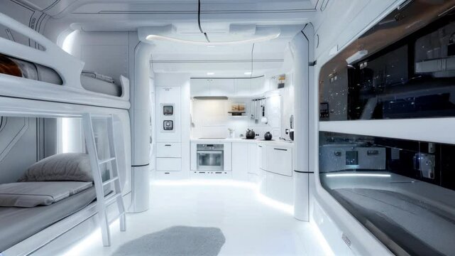 Spaceship room with bunk bed and kitchen, design of habitat in spacecraft or colony house. Futuristic compartment interior. Concept of space, technology, travel, sci-fi, future