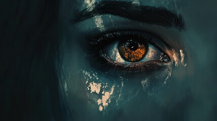 Close-up of a woman's eye with dramatic makeup and textured skin.
