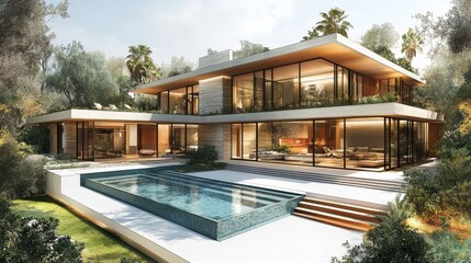 Minimalist Villa Design with Pool, aerial perspective highlighting vibrant colors, sustainable materials, energy efficiency, and innovative architectural details.
