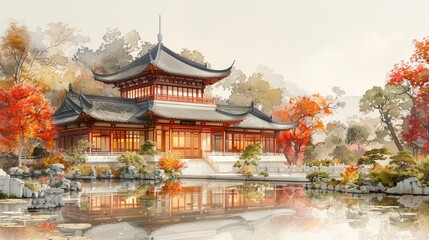 Vibrant architecture sketch of a Traditional Chinese Temple with zen garden, showcasing sustainable materials and innovative design elements.