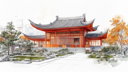 Naklejka premium Traditional Chinese Temple Design with Zen Garden, vibrant colors and sustainable materials highlighting creativity and innovation in architecture.