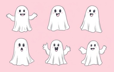 Set of cute, simple line art ghosts Halloween ghost character collection in different poses and emotions hand-drawn doodles Generative AI