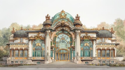 Art Nouveau Architectural Design, vibrant colors, sustainable materials, energy efficiency, showcasing creativity and innovation in architectural style