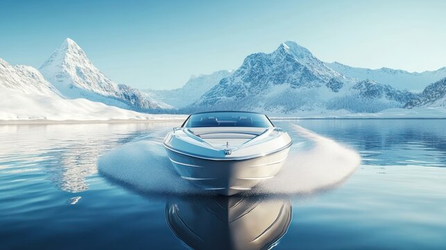 White speedboat cruising on a calm lake with snowy mountains in the background.