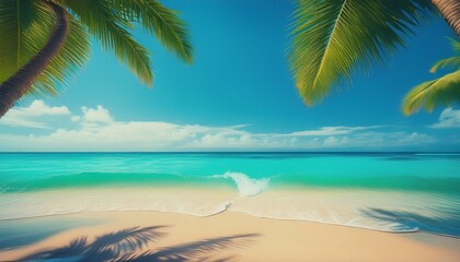 Fototapeta premium Palm trees frame a beach scene.