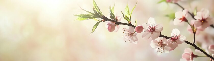 Obraz premium Elegant close-up of a blossoming branch with delicate pink flowers and soft sunlight in the background, epitomizing spring and serenity.