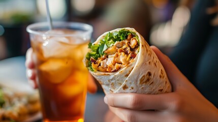 A person enjoys a delicious wrap filled with grilled chicken and fresh greens alongside a refreshing iced beverage in a casual dining setting