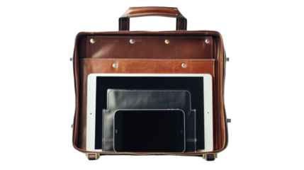 Business briefcase with digital tablet and smartphone inside on white background