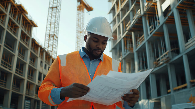 Um homem negro engenheiro com roupas e capacete de seguran&ccedil;a em uma obra de constru&ccedil;&atilde;o civil segurando os projetos 