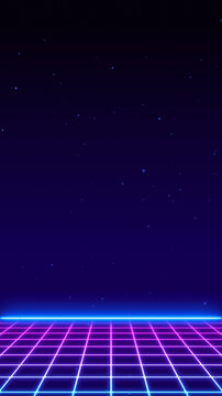 3D Synthwave terrain landscape, digital blue purple glow cyberspace laser neon grid floor perspective, abstract futuristic retrowave poster design, 80s retro night arcade game tech style background