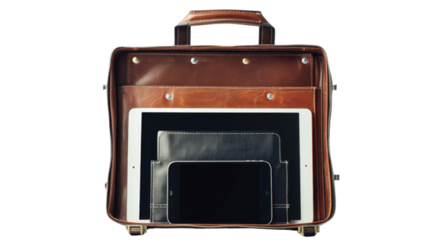 Business briefcase with digital tablet and smartphone inside on white background