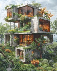 Modern residential studio design blending solarpunk and brutalism, featuring intricate marker and pencil illustrations, inspired by visionary artists.