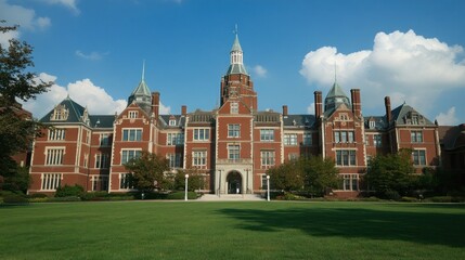 Fototapeta premium Red brick building with multiple towers on a large green lawn under a blue sky with white clouds.