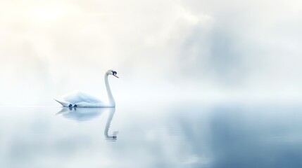 Obraz premium Graceful swan glides over a serene misty lake, creating a peaceful and tranquil scene in nature, perfect for calming and reflective moments.
