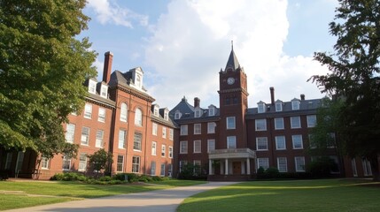 A red brick building with a clock tower and a large front entrance, surrounded by green grass and trees.