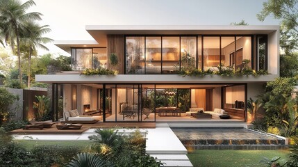 Fototapeta premium Tropical Bali Modern House Design, interior sketch highlighting sustainable materials, innovative features, serene garden and pool setting.