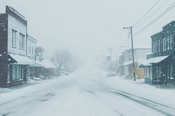 A quiet small town street covered in snow during a winter snowfall, capturing the cold and tranquil atmosphere of a snowstorm in an urban setting.
