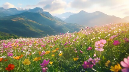 Obraz premium Vibrant Flower Field with Mountains in Background