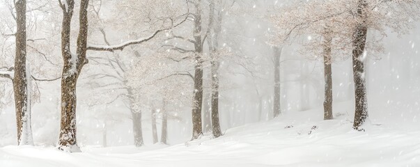 Fototapeta premium Serene winter forest with snow-covered trees and falling snowflakes, capturing the peacefulness and beauty of a snowy landscape.