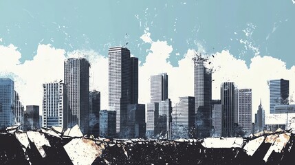 Fototapeta premium Artistic urban landscape illustration of a modern city skyline with watercolor effects and detailed buildings under a blue sky.