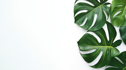 Fototapeta premium Flat lay of lush green Monstera leaves on a bright white background