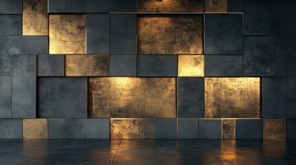 A dark textured wall with gold panels illuminated from behind.