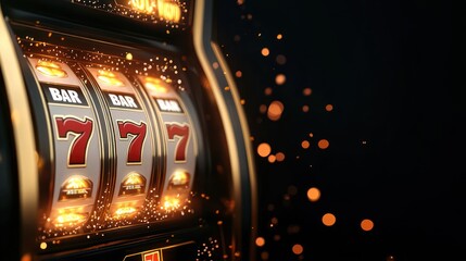 Close up of a slot machine with the lucky sevens lined up and glowing brightly with gold lights and sparkles.