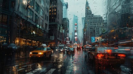 A view of a city street through a rain-streaked window, with a yellow taxi cab in the foreground.