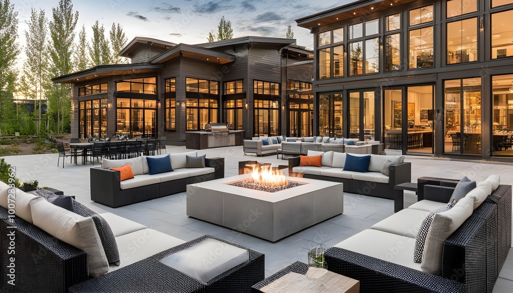 Wall mural Chic outdoor patio with elegant furniture and inviting fire pit for ultimate entertaining and relaxation