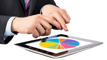 Businessperson analyzing quarterly report on tablet on white background