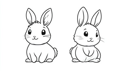 Two cute cartoon bunnies with big eyes and fluffy tails. They are sitting side by side, looking happy and playful.
