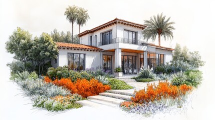 Mediterranean Villa Design, vibrant architectural drawing on white paper, European garden, highlighting sustainability and innovative features.
