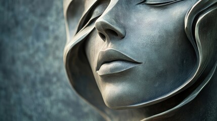 Obraz premium Close-up of a metal sculpture of a woman's face. The sculpture is made of smooth, curved lines and has a metallic finish.