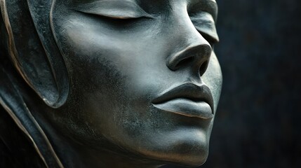 Close up of a bronze sculpture of a woman's face, showing her closed eyes and lips.