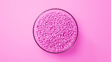 Top view on glass cup with pink plastic polypropylene granules, masterbatch polymer grain, on pink backdrop. HDPE or PVC resin pellets. 3d render illustration