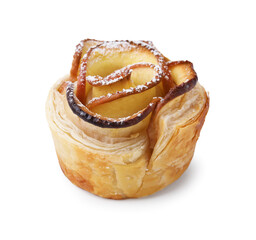 Freshly baked apple rose isolated on white. Puff pastry