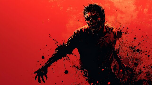 a zombie on a red background with black spots on his body and arms