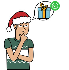 boy  in a Christmas sweater with many doubts thinking about gift, thinking of the perfect gift, gift-giving season, Christmas illustration