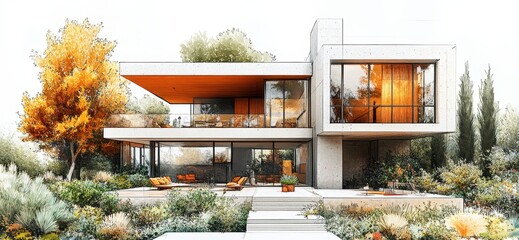 An illustration of a modern luxury villa with expansive glass walls and warm wooden accents, nestled within a lush landscape. This architectural masterpiece harmonizes contemporary design with the sur