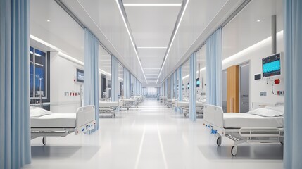 Obraz premium Empty hospital ward with beds and curtains.