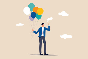Obraz premium A businessman with colorful balloons, reaching a blank speech bubble. Represents aspiration, potential, and communication. It's for business presentations, motivational posters, and personal branding.
