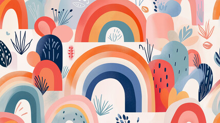 Fototapeta premium Abstract rainbow and plant pattern in a bright, colorful design.