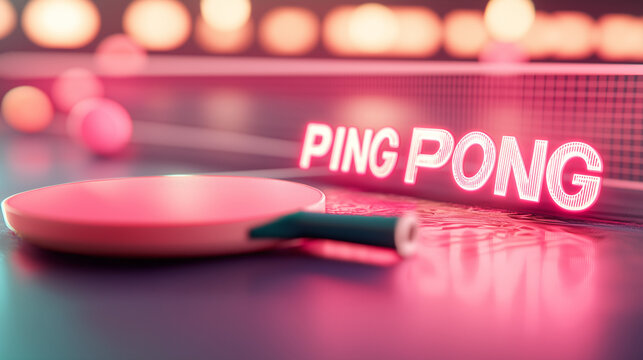 A pink ping pong paddle lies on a table with a neon sign.