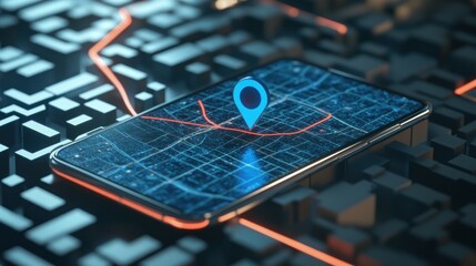 Smartphone with digital map and pin on abstract background.