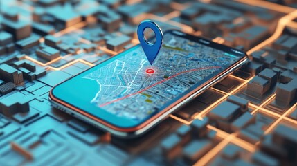 A blue location pin hovering over a smartphone displaying a map with a red route, on a background of a miniature city.