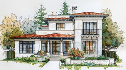 Mediterranean Villa Design, an architectural illustration highlighting sustainable materials, European garden, creativity in muted tones.