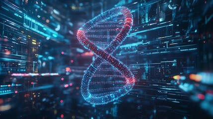 A glowing DNA strand stands out against a futuristic digital background.