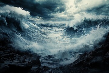 Fototapeta premium Dramatic ocean waves crashing against rocks under a stormy sky, capturing the raw power and intensity of nature's fury.